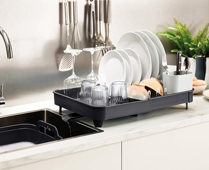 Joseph Joseph Extendable Dish Drying Rack with expanding Dual Parts, Non-Scratch, Movable Silverware Drainer & Drainage Spout, Grey