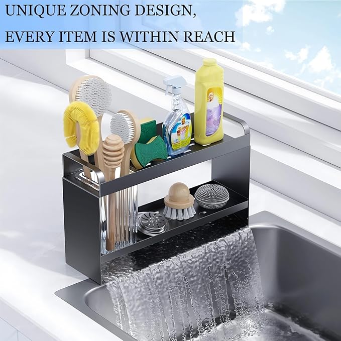 BREIS Sponge Holder for Kitchen Sink, Caddy Organizer with Rag Holder, Countertop Self-Draining Sponge Caddy, Rustproof Sink Storage Rack for Soap Dispenser Storage Accessories (2-Tier Gray)