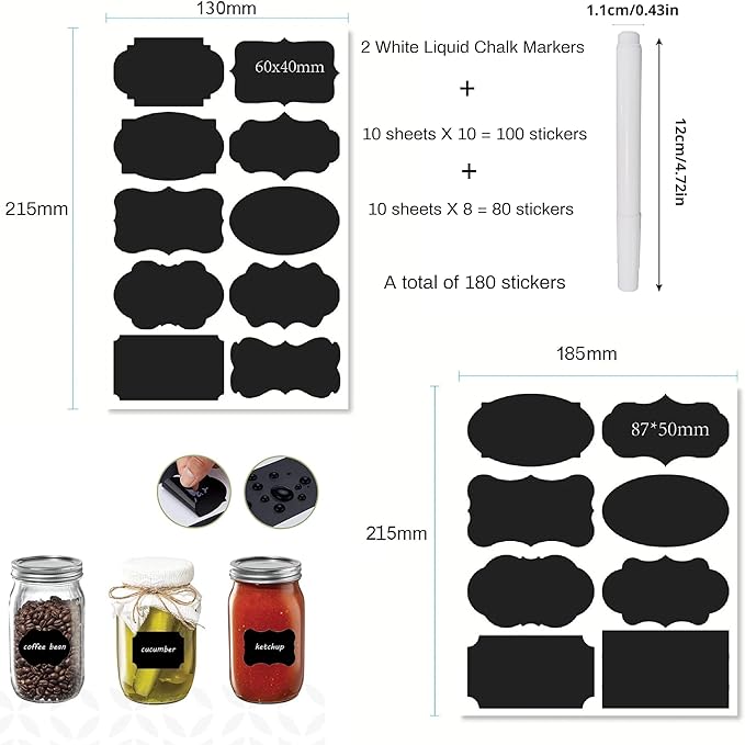 Chalkboard Labels for Food containers, 180 Pcs Label Stickers with 2 White Liquid Chalk Markers, 11 Assorted Shapes in 2 Sizes Bottle Labels for Jars, Storage Bins
