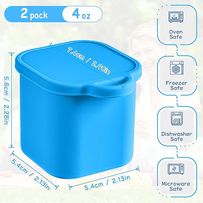 Ecurfu Silicone Dips Containers, 2x 4 oz Salad Dressing Container To Go, Condiment Container with Lids, Compatible with Most Bento Lunch Box (Blue/Green)