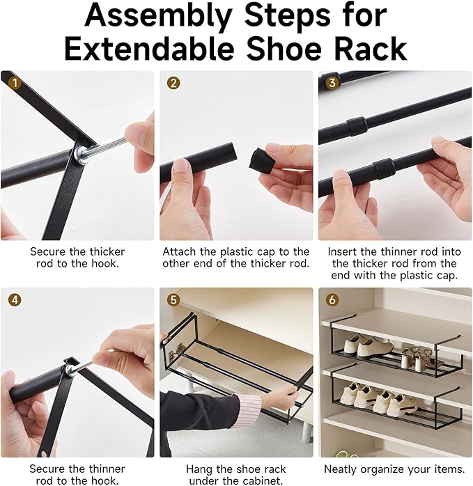 UFORU Expandable Hanging Shoe Rack Organizer for Closet, Adjustable Shoe Rack Under Cabinet Shelf, Versatile Under Shelf Storage for Kitchen, Book, Clothing Storage and Organization(Black,4PCS)