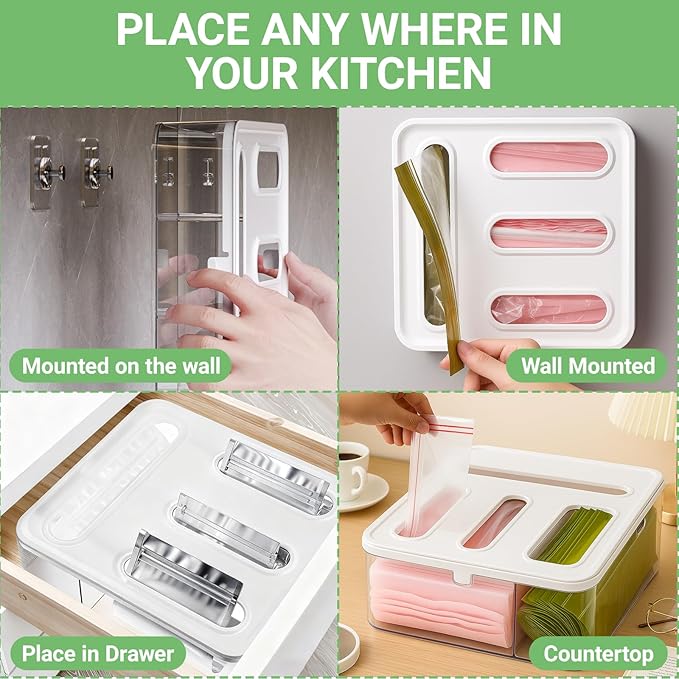 Food Storage Bag Organizer, 4 in 1 Plastic Ziplock Bag Organizer for Kitchen Drawer, Holds Gallon, Quart, Sandwich, Snack & Slider Bags, Wall Mount & Drawer Baggie Organization, BPA Free, Local Stock