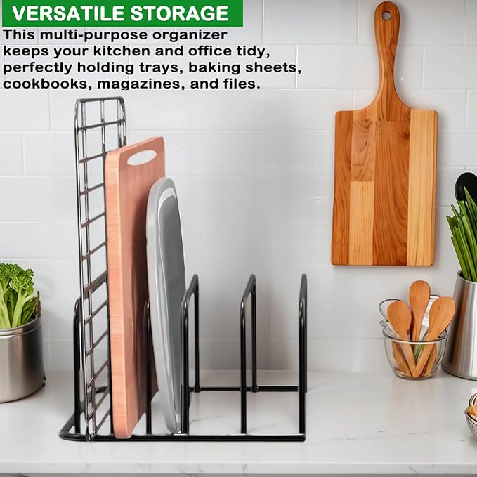 Kitchen Organizer Rack - 5-Slot Heavy Duty Cabinet Storage Organizer for Cutting Boards, Baking Sheets, Pans, Cookie Sheets with Anti-Slip Feet, Countertop or Inside Cabinet (BLACK-X-1 Pack)
