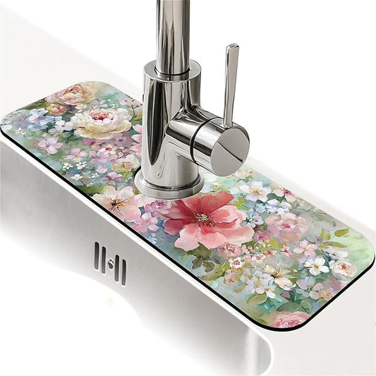 Kitchen Sink Splash Guard，soft-watercolor floral Faucet Mat Sink Gadgets-Super Absorbent Fast Drying Mat Drip Catcher for Kitchen, Bathroom,Sink Mat, Dish Drying Mat, Bathroom(15" X 5.5" )