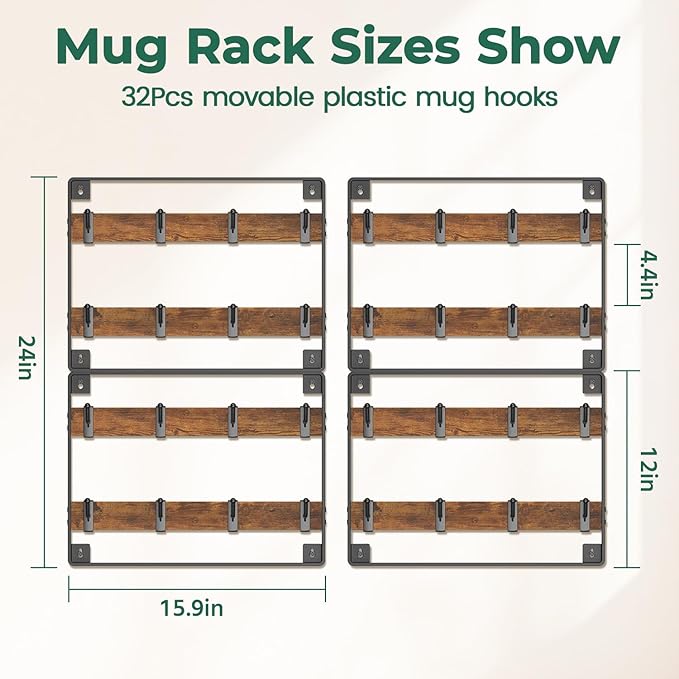 EsLuker.ly Mug Holder Hanger Rack Wall Mounted Wooden 4 Pack Coffee Cup Storage Organizer Display Shelf with 32 Removable Plastic Hooks, Ideal for Mug Collectors