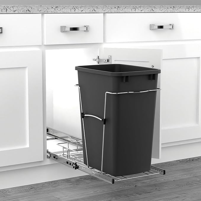 Rev-A-Shelf Pullout Trash Can for Kitchen Cabinets 35 Qt Garbage Waste Recycling Bin with Full Extension Slides, Black, RV-12KD-18C S