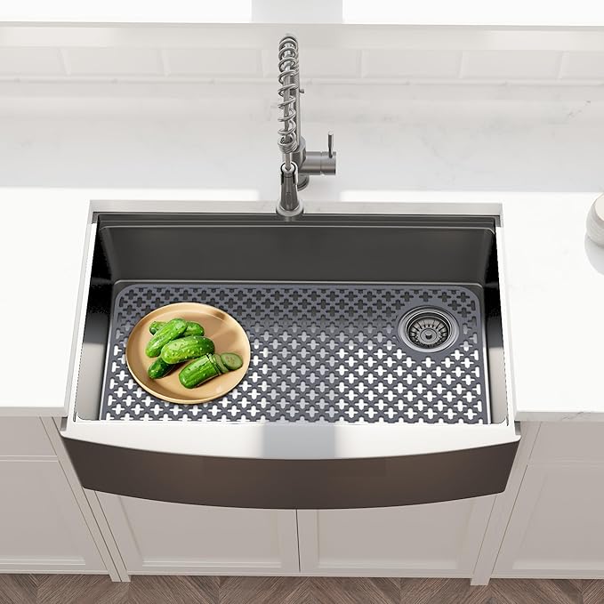 Flytime Silicone Kitchen Sink Protector Mat with Right & Left Drain, 28.35"x 14.37" Kitchen Snk Grid Accessory, Non-Slip Folding Heat-Resistant Mat for Bottom of Farmhouse Stainless Steel