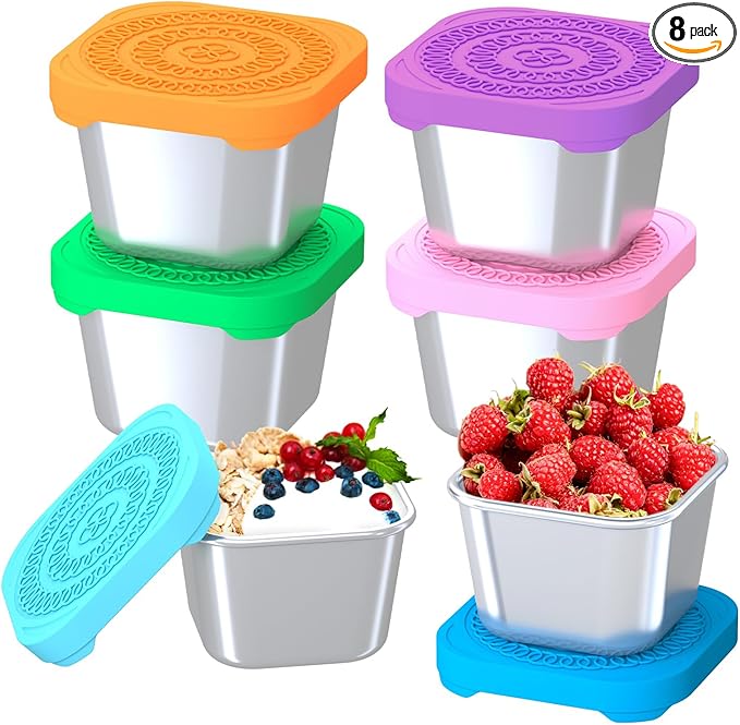 8Pack 6oz Stainless Steel Snack Containers for Kids, Leak Proof Small Food Storage Container with Silicone Lid, Easy Open Leak Proof Stainless Steel Food Storage Containers with Silicone Lids