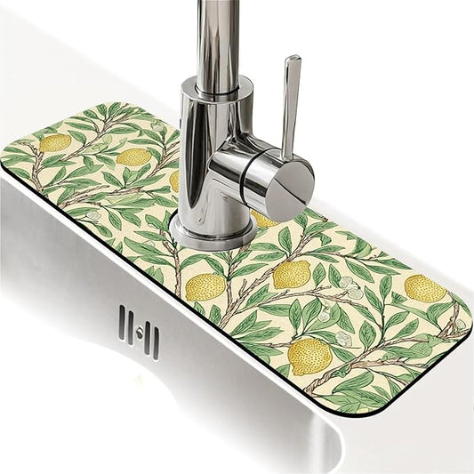 Kitchen Sink Splash Guard，Lemon tree Faucet Mat Sink Gadgets-Super Absorbent Fast Drying Mat Drip Catcher for Kitchen, Bathroom,Sink Mat, Dish Drying Mat, Bathroom(15" X 5.5" )