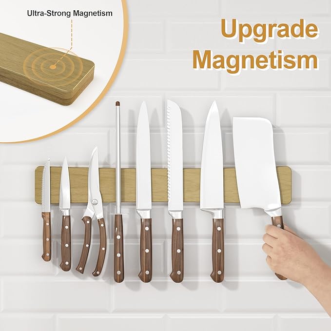 Magnetic Knife Holder for Wall, 16" Acacia Wood No Drill Knife Magnet Strip Use as Tool Key Storage Knife Bar, Powerful Wall Mounted Magnetic Knife Rack for Refrigerator & Kitchen Utensil Organizer