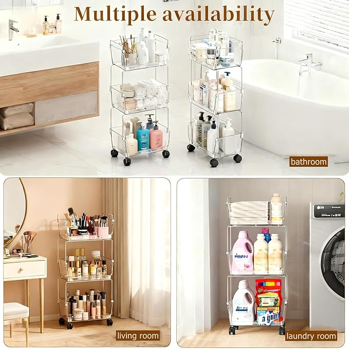 YCIA&DONE 3 Tier Rolling Storage Cart with Locking Wheels, Slim Narrow Organizer for Bathroom, Bedroom & Laundry, Clear Deep Bins, Sturdy Metal Frame, Easy Assembly Utility Trolley