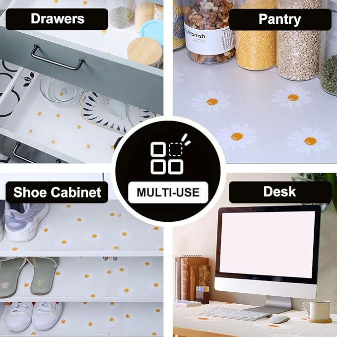 INNOLITES Shelf Liners for Kitchen Cabinets – Drawer Liner Waterproof & Oil-Proof, Non-Adhesive EVA with Floral Pattern – Durable Washable, Easy to Clean (Clean Daisy, 11.8" x 360")