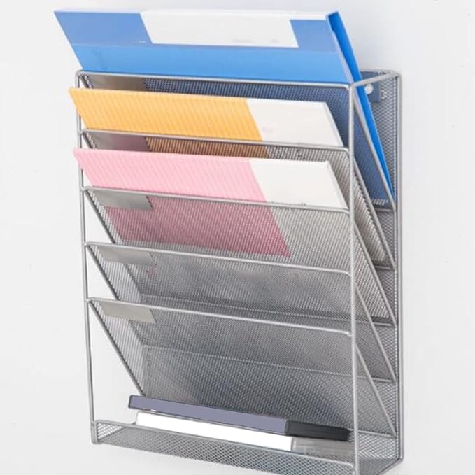 5 Tier Wall File Organizer with Hooks, Wall Mounted File Holder, Vertical Placement Iron Mesh Storage Rack with Label Panels, Easy Installation for Office Home Silver