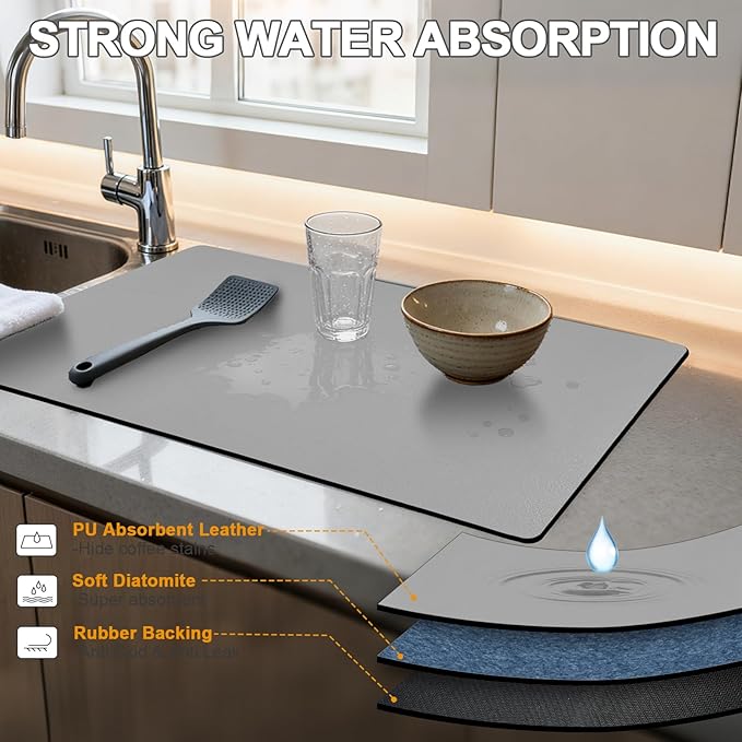 Dish Drying Mat & Coffee Mat for Kitchen Counter, Absorbent Microfiber Waterproof Mat with Non-Slip Backing, Multi-Size Multi-Color Options, Sink and Coffee Bar Accessories