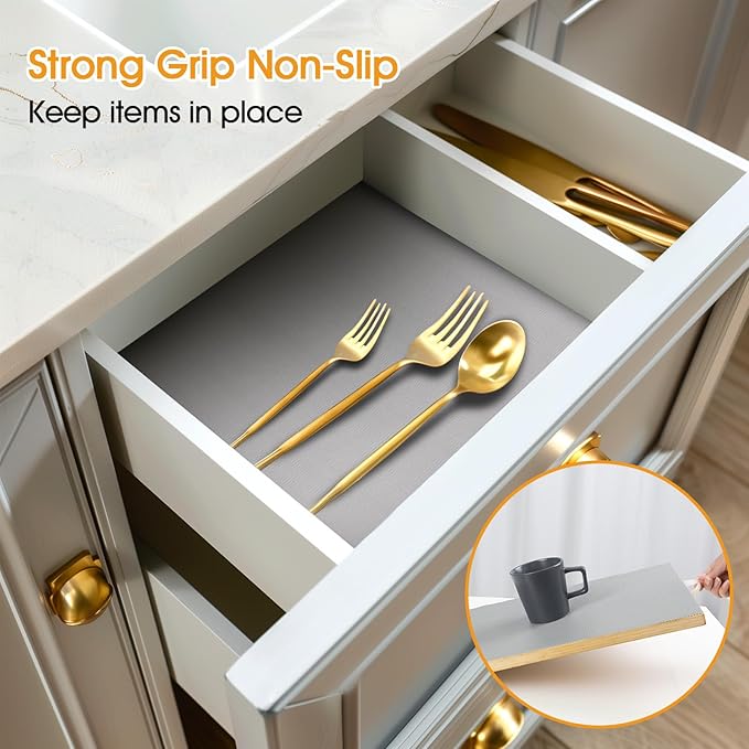 Shinlendid Shelf and Drawer Liner for Kitchen Cabinets Non-Adhesive, Strong Grip Non-Slip Thickened Cabinet Liners for Shelves, Waterproof Mats for Dresser Cupboard, Pure Gray, 12 in x 20 Feet