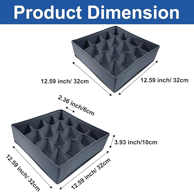 3 Pack Sock Underwear Organizer Dividers, Collapsible & Foldable Cabinet Organizer Storage Boxes, 64-Cell Fabric Drawer for Socks, Underwear, Ties (16+24+24 Cell, Gray)