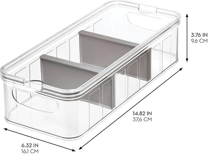 iDesign Large Fridge Organizer Bin with Removable Divider and Lid - Set of 3 - Clear/Gray