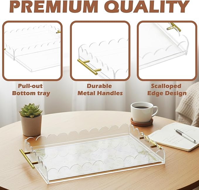 Scalloped Acrylic Tray with Metal Handles,16" x 12" Clear Acrylic Display Tray with Pull-Out Drawer for Photos, Art Prints, Postcards, Decorative Organizer Trays for Vanity,Home,Office