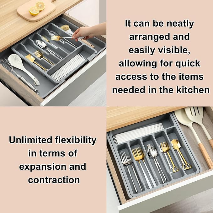 Premium Silverware Organizer for Drawer - Adjustable Utensil Holder Tray, Cutlery Storage Box with Non-Slip Base, Fits Flatware and Kitchen Tools