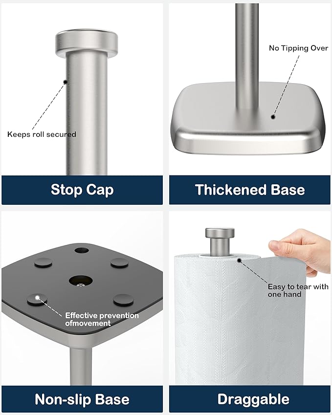 Paper Towel Holder Countertop, Paper Towel Dispenser Standing Weighted Base Non-Slip, Fit Most Size Tissue Roll, Stainless Steel Paper Towel for Home Kitchen Countertop Tabletop, Sliver