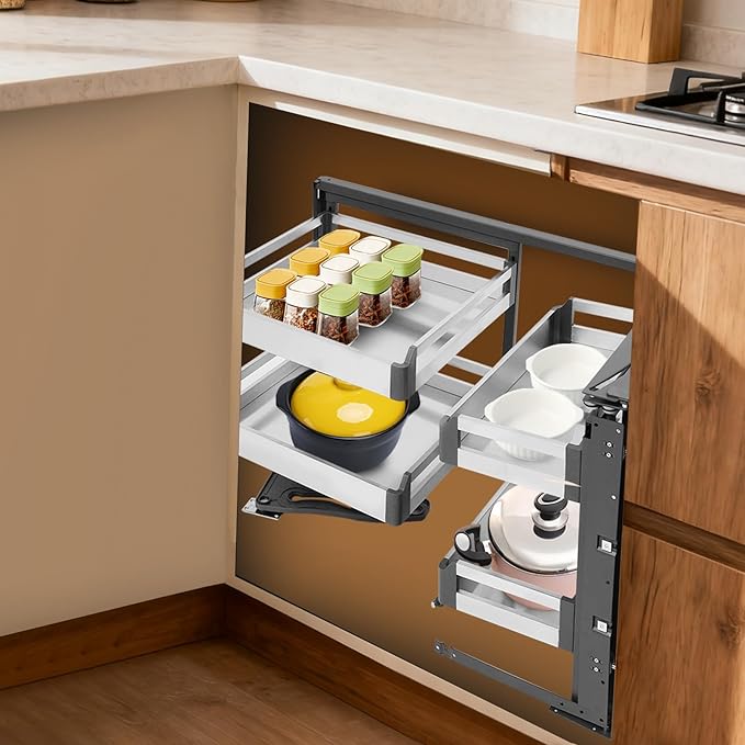 Steel 2-Tier Blind Corner Cabinet Pull-Out Organizer, 4 Detachable Baskets, Right Opening Swivel Shelf System, Damping Slide Rail for Base Kitchen Cabinet, Upgrade Dead Space