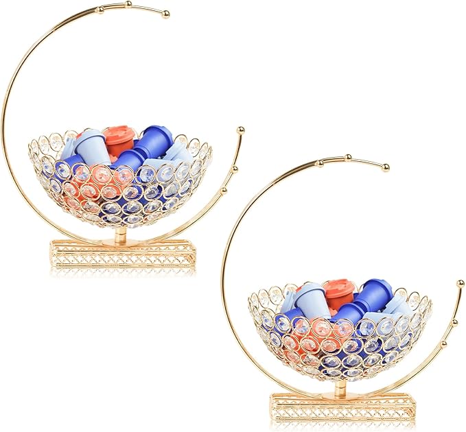 Metal & Crystal Coffee Pod Holder & Candy Basket - Elegant Multipurpose Storage Organizer for K Cups, Espresso Pods, Treats - Kitchen, Office, Home Bar (Gold, 2 PCS)