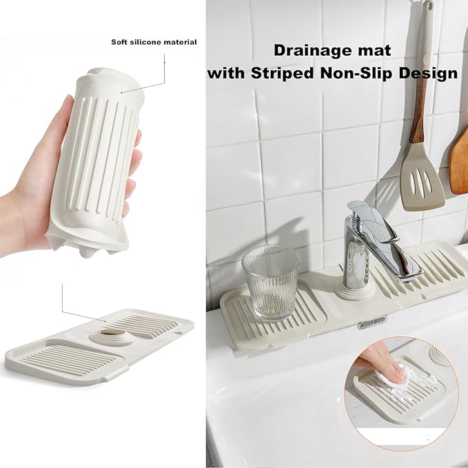 Kitchen Silicone Sink Splash Guard, 5° Slope Type Design Sink Mat,Sink Faucet Handle Drip Catcher Tray Mat Protectors,Sponge Holder and Bathroom Countertop Protect(include 1pcs extra storage mat)