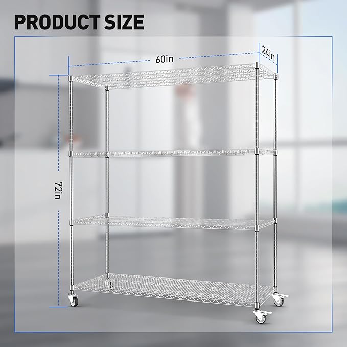 Rengue 4-Tier Heavy Duty Wire Storage Shelves with Wheels, 60" W x 24" D x 72" H Metal Storage Rack, Adjustable Garage & Pantry Shelves, 2400 LBS Commercial Grade, Chrome