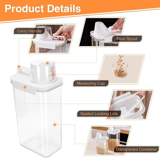 6-Piece Airtight Food Storage Container Set with Measuring Cup, Cereal Dispenser with Pouring Spout for Rice, Flour, Grain, Pet Food, 1800ml and 2300ml