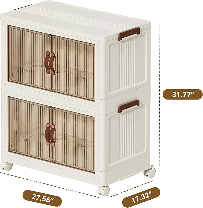 ONAIL Folding Storage Bins Organizer, Foldable Stackable Plastic Storage Bins with Lids & Doors, Collapsible Drawer Boxes Containers with Wheels for Clothes, Home, Room, White, 2 Tiers