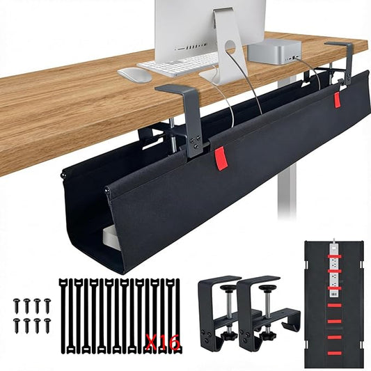 AHOMO,Under Desk Cable Management,No Drill 36",cord organizer,with Silicone Pads (No Scratch!)16 Cable Ties,Washable PE Honeycomb Base,Clamp/Screw Mount-Fits Any Desk 0-2.1",No Stinky Cardboard! Black