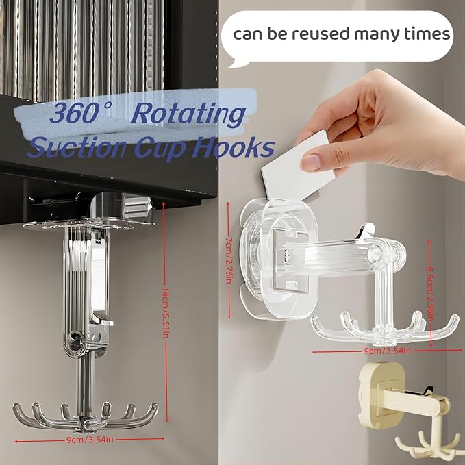 Hanging Utensil Holder Hooks Kitchen Utensil Hanger Wall Mount 360° Rotating Folding Hook Strong Suction Cup Hook Utensil Rack with 6 Hooks for Kitchen Bathroom Cabinet 2 Pack (Transparent)