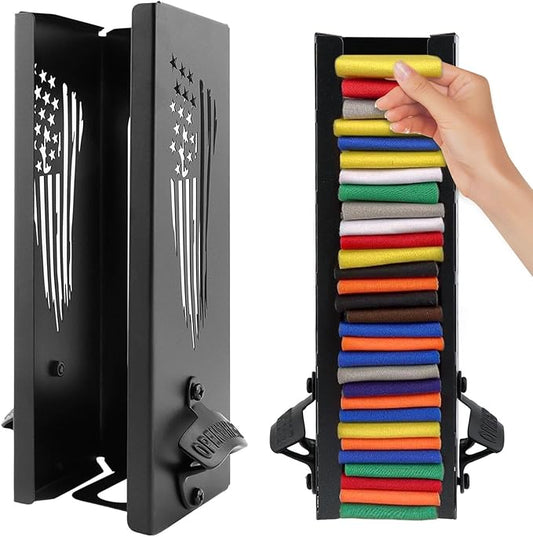 2 in 1 Metal Can Cooler Holder with Bottle Opener, Wall Mount Beer Sleeves Organizer & Dispenser for Standard Can Cooler, 12" Home Bar Storage, Ideal Gift for Men Dad