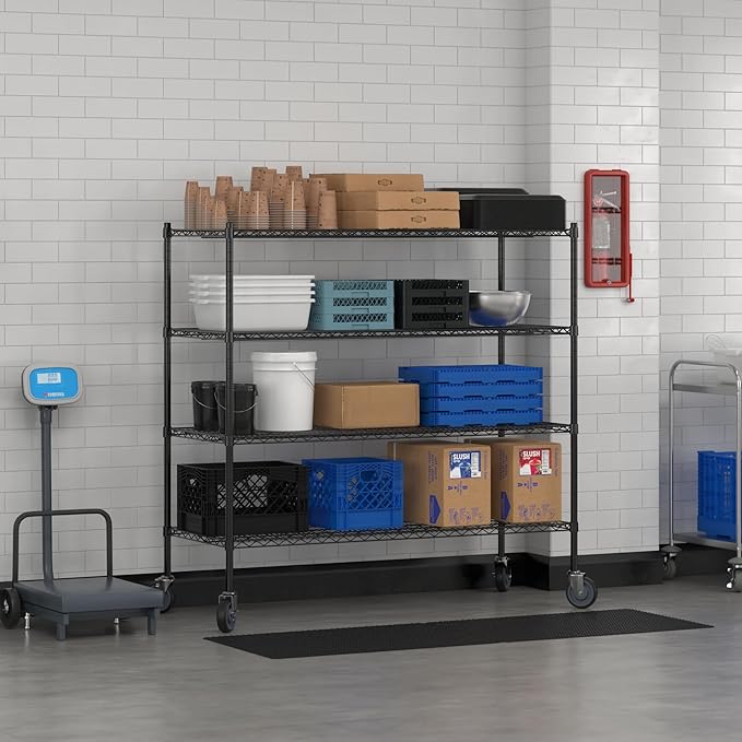 Commercial NSF Listed Black Epoxy Mobile Wire Shelving Kit 24" x 60" x 60", with 4 Shelves Perfect for Warehouse, Walk-in Refrigerator, Freezer, Grocery Store, Restaurant, Dishroom