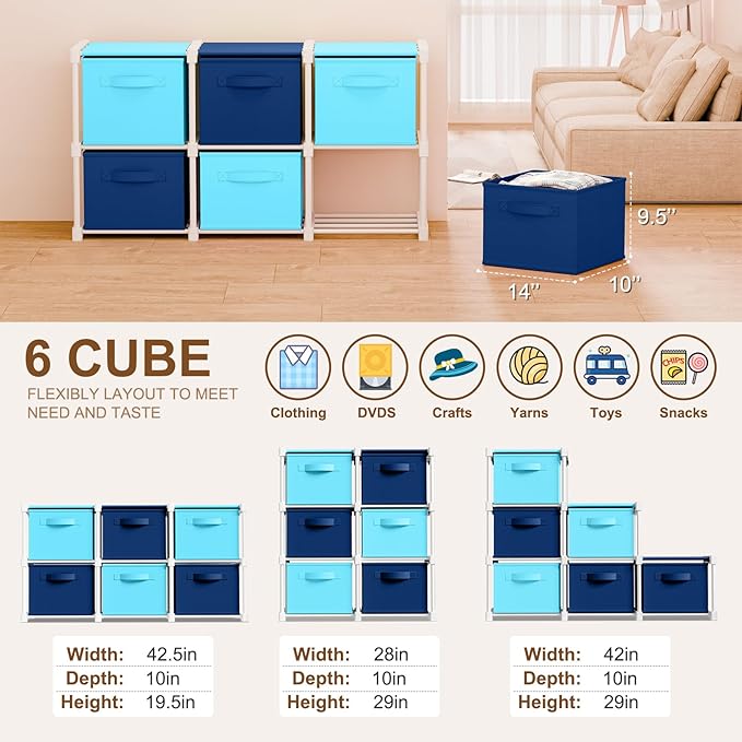 Thyle Large Cube Storage Organizer Shelf with 6 Bins 14 Inch Fabric Collapsible Cubby Storage Drawers Shelving Unit for Christmas Ornaments Clothes Toys Craft(Dark Blue,Light Blue,Colorful)