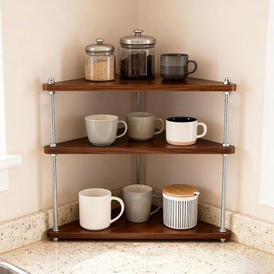 Adjustable 3 - Tier Corner Display Shelf for Kitchen, Pantry & Makeup Organization - Ideal for Spice, Coffee Cup, Cosmetic Display & Decorative Ornaments, 10.87"x14.96"x13.78"