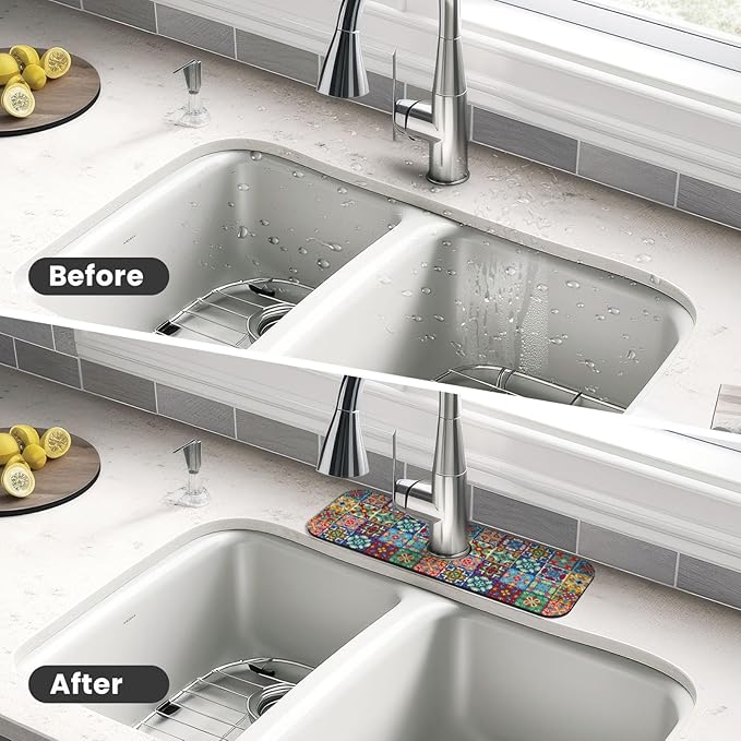 Talavera Mexican Ceramic Tile Floral Kitchen Sink Splash Guard Faucet Mat Super Absorbent Fast Drying Mat Sink Gadgets-Fast Drying Pad Sink Mat For Kitchen Bathroom (15" X 5.5" )