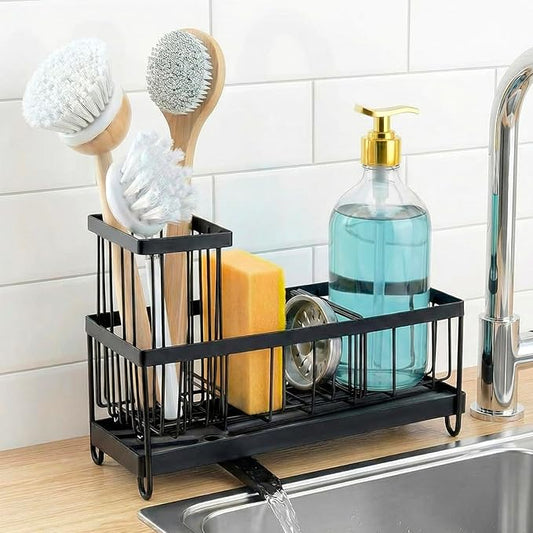 MyGift Modern Matte Black Metal Wire Sponge and Brush Holder Basket with Removable Drainage Tray – Kitchen Sink Caddy Organizer