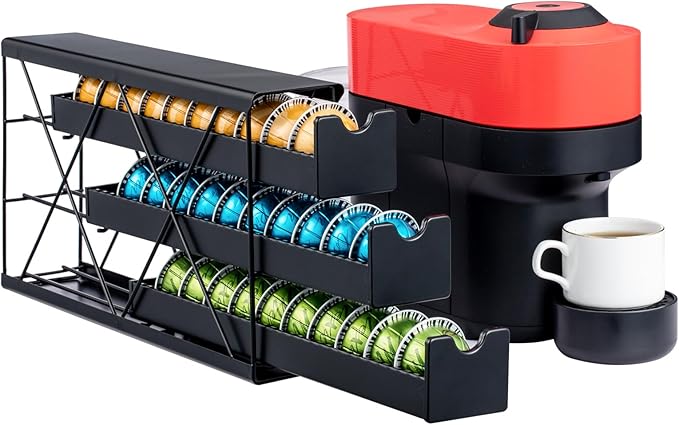 ZCDCP Black Metal 3 Tier Coffee Pod Holder, Coffee Pod Holder Vertuo Pod Wall Mountable Storage Drawer, for Vertuoline Capsule Coffee Machine (30 Pods Capacity)