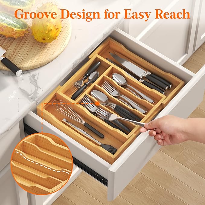 Lifewit Silverware Drawer Organizer, Expandable Utensil Tray for Kitchen, Bamboo Flatware and Cutlery Holder, Wood Adjustable Storage for Spoons Forks Knives, 9.4-15.7x13", Natural