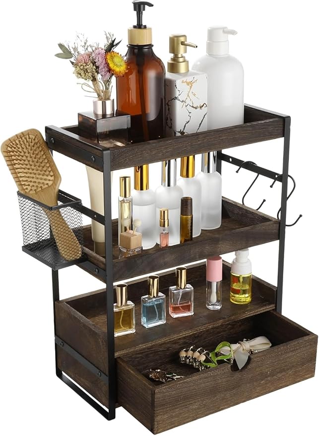 3 Tier Bathroom Countertop Organizer with Drawer, Wood Metal Vanity Shelf with Basket and Hooks, Countertop Storage Rack for Skincare, Perfume, Makeup, Kitchen Coffee Bar