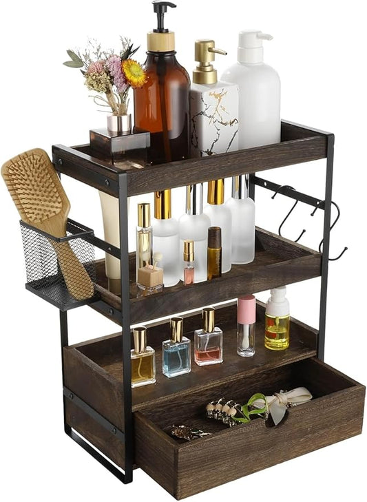 3 Tier Bathroom Countertop Organizer with Drawer, Wood Metal Vanity Shelf with Basket and Hooks, Countertop Storage Rack for Skincare, Perfume, Makeup, Kitchen Coffee Bar