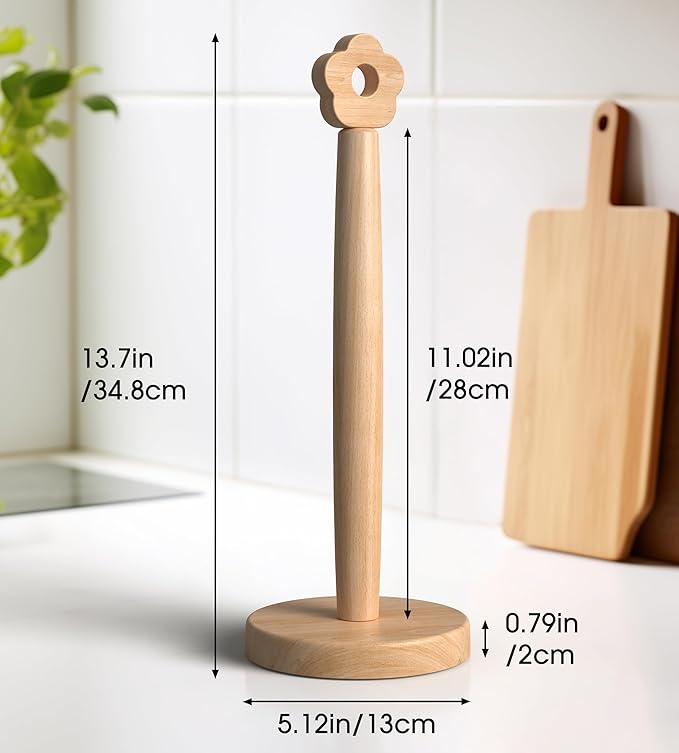 KitchLife Cute Wooden Paper Towel Holder Countertop - Solid Freestanding Paper Towel Dispenser Stand Organizer with Anti-Skid Base (Flower)