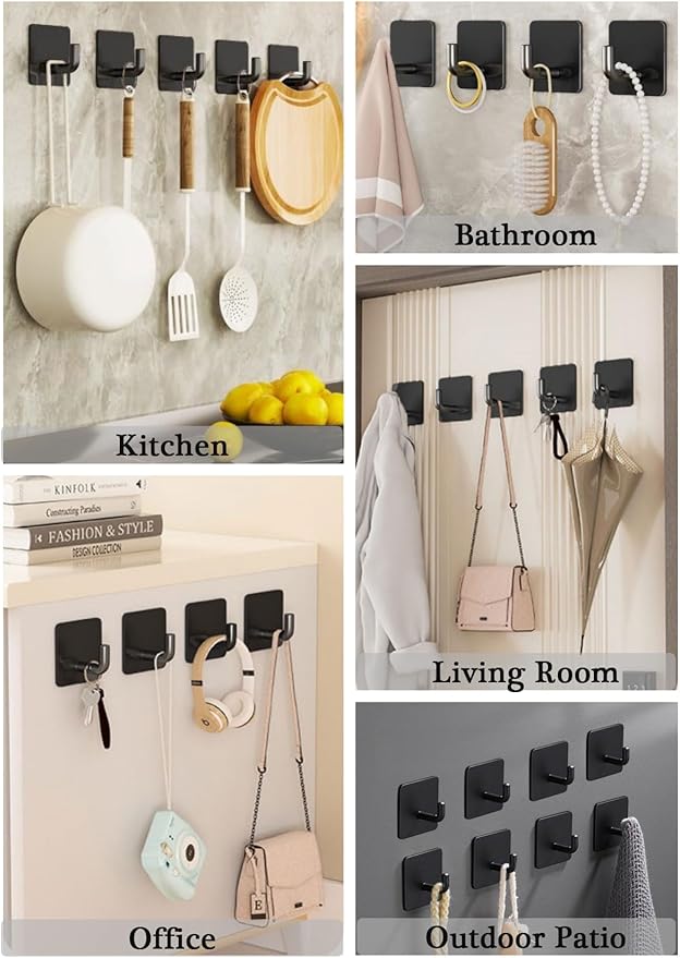 EDMILE Adhesive Hooks for Hanging, Self-Adhesive Wall Hook for Key Hat Coat, No Drill Stick on Bathroom Towel Hooks, Shower Kitchen Door Home Outdoor 8 Pack, Black