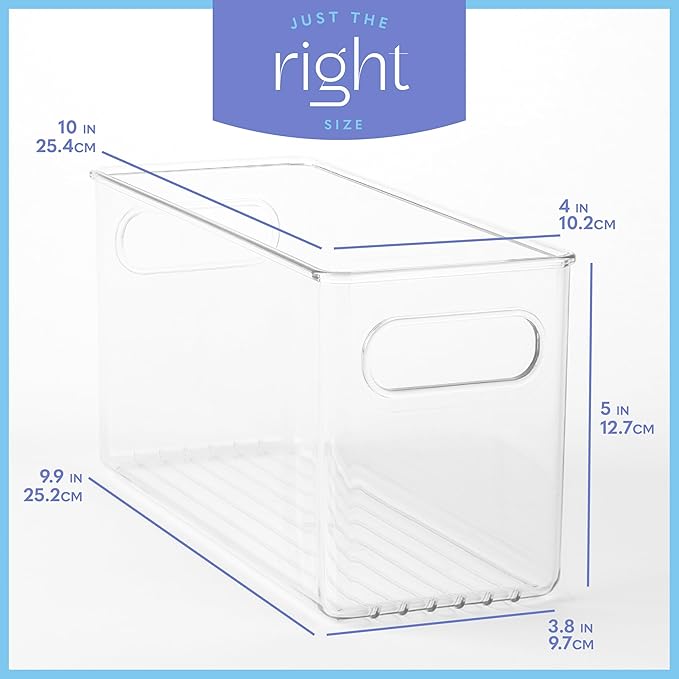 primebox 6 pack Clear Plastic Storage Container Bin with Integrated Easy Grip Handles. For Kitchen, Fridge, Freezer, Cabinet, Pantry, Bathroom Organization. 10"x4"x5"
