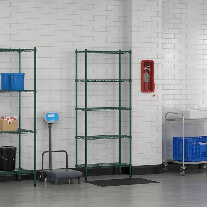Commercial NSF Listed Green Epoxy Stationary Wire Shelving Kit 14" x 30" x 74", with 5 Shelves Perfect for Warehouse, Walk-in Refrigerator, Freezer, Grocery Store, Restaurant, Dishroom