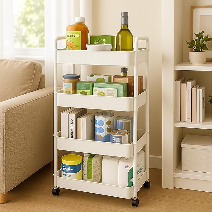 ShellKingdom 4 Tier Bathroom Storage Organizer, Toilet Paper Holder, Slim Rolling Storage Cart for Narrow Space with Handle, Mobile Shelving Unit for Bathroom, Kitchen, Laundry (White)