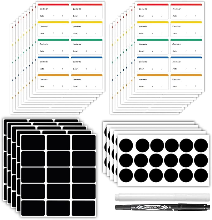 XQIGI 365 PCS Removable Food Labels with 2 Markers, 100 Freezer Easy Peel Off Color Coding Frozen Holders Sticker, 165 Chalkboard Label Waterproof Reusable Blackboard Stickers