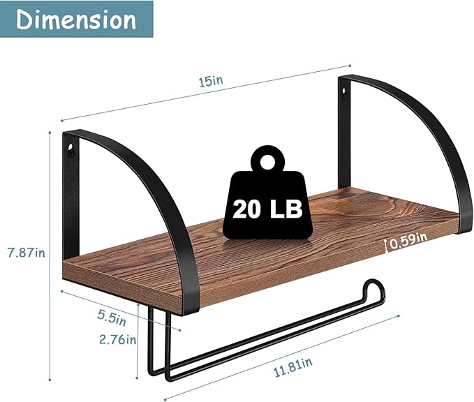 BTY Paper Towel Holder Wall Mount Farmhouse Wood Paper Towel Holder with Shelf Hanging Paper Towel Roll Rack Under Cabinet Spice Rack for Kitchen Bathroom Organizer Rustic Brown