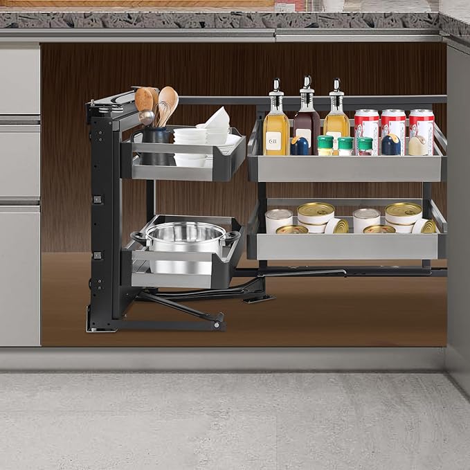 2 Tier Blind Corner Cabinet Pull Out Organizer, Left Pull-Out Shelf with 4 Baskets Stainless Steel Swivel Corner Cabinet Organizer for Kitchen Base Cabinet